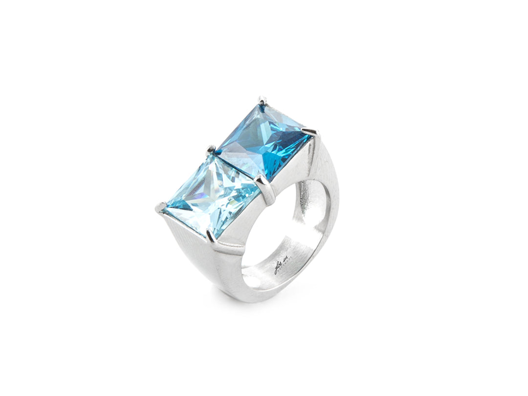 anello in acciaio con zirconi  blu  celesti - siciliano  gioielli 