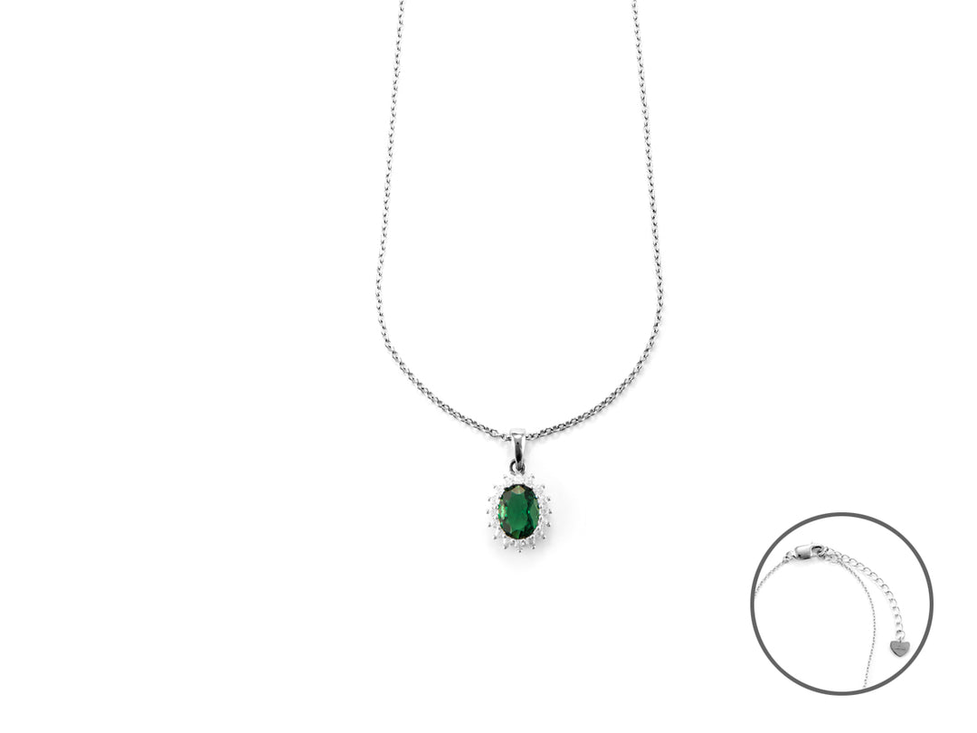 collana in argento  con pendente ovale con zirconi verde e bianco