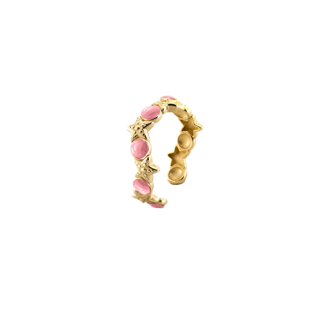 anello rue des mille collezione marine love con stelline e cabochon di colore rosa- siciliano gioielli