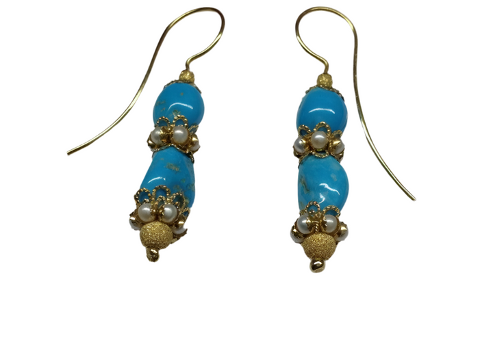 Yellow Gold Turquoise Pearl Earrings