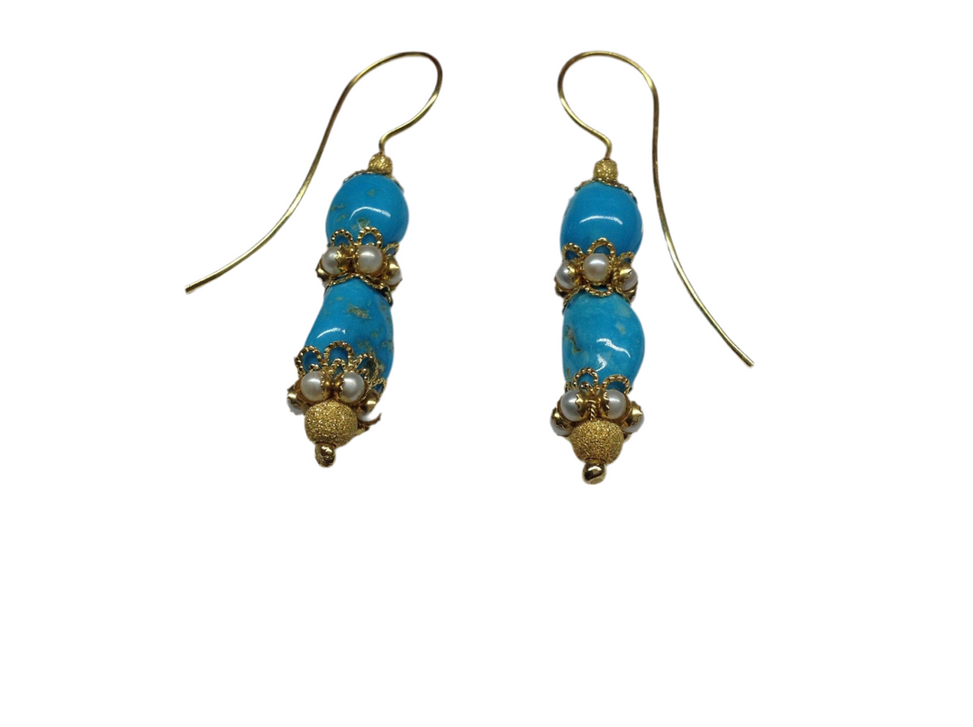 Yellow Gold Turquoise Pearl Earrings