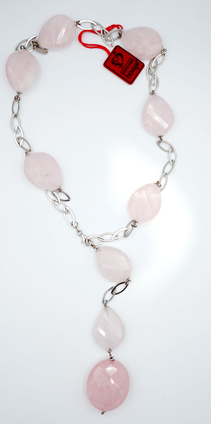 collana catena rolò in argento 925 con pietre di quarzo rosa del madagascar - siciliano gioielli