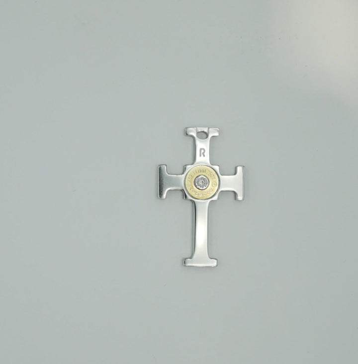 pendente croce in acciaio e oro giallo con diamante rebecca - siciliano gioielli 