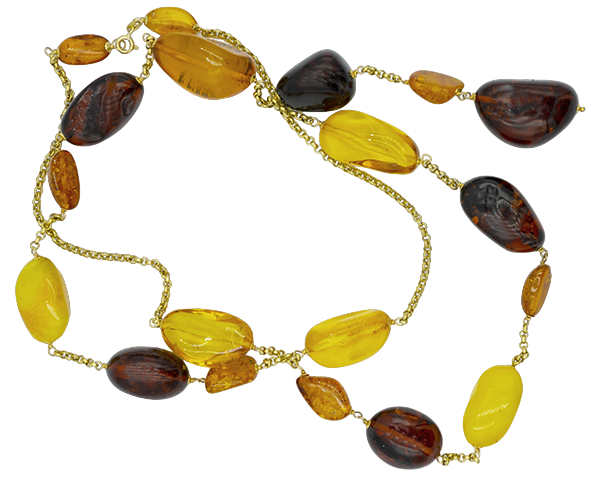 collana ambra rossa e gialla con catena rolò in oro giallo - siciliano gioielli 