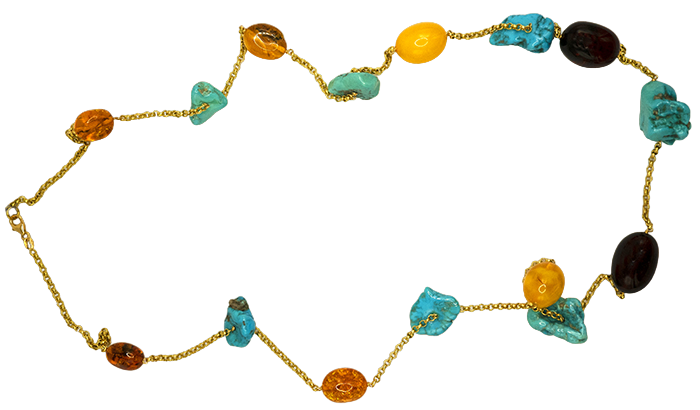 collana rajola in oro giallo catena rolò con ambra rossa e gialla e turchese arizona  - siciliano gioielli 