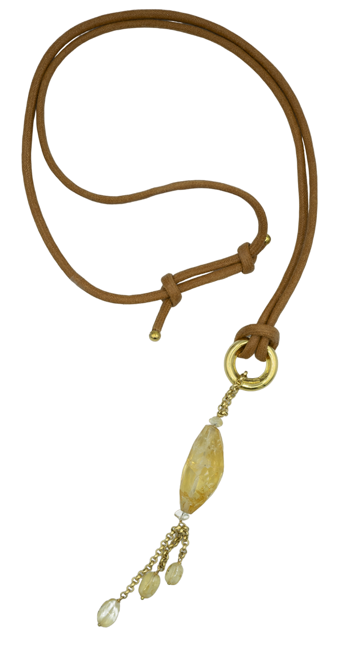 collana rajola con laccio in cuoio e oro giallo con pietra dura olivia - siciliano gioielli
