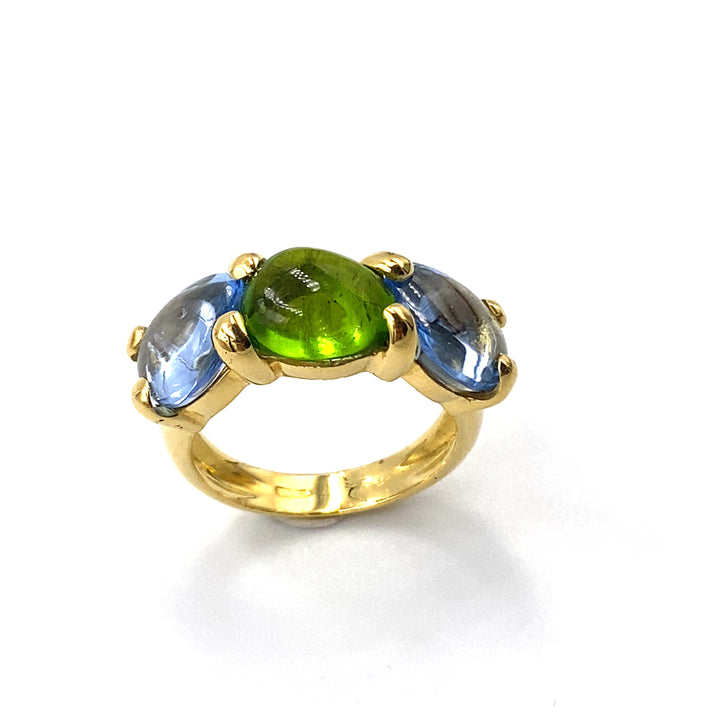 anello oro giallo con tormalina verde e topazi azzurri siciliano gioielli