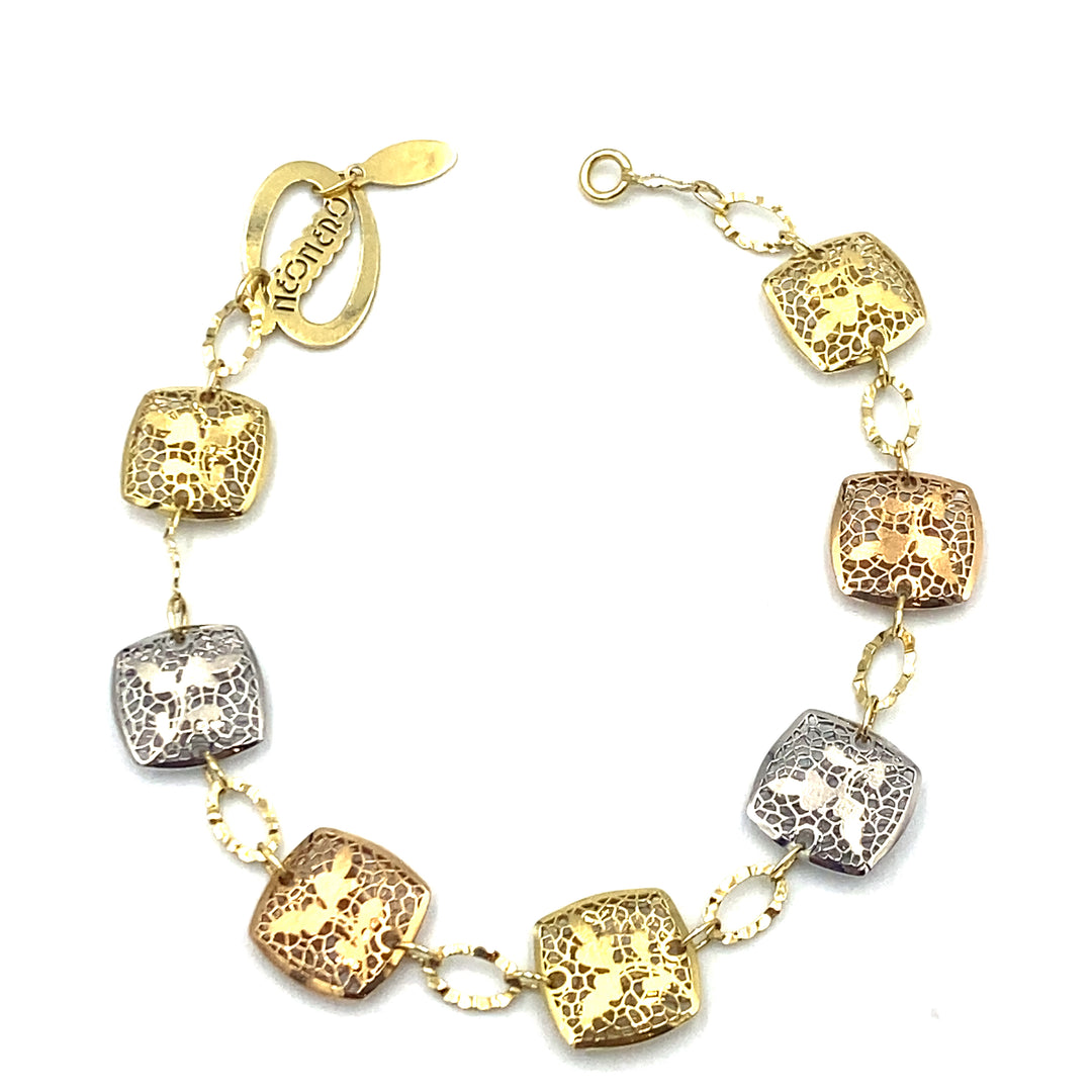 neonero bracciale in oro tre colori  da donna con elementi quadrati  traforati - siciliano  gioielli 