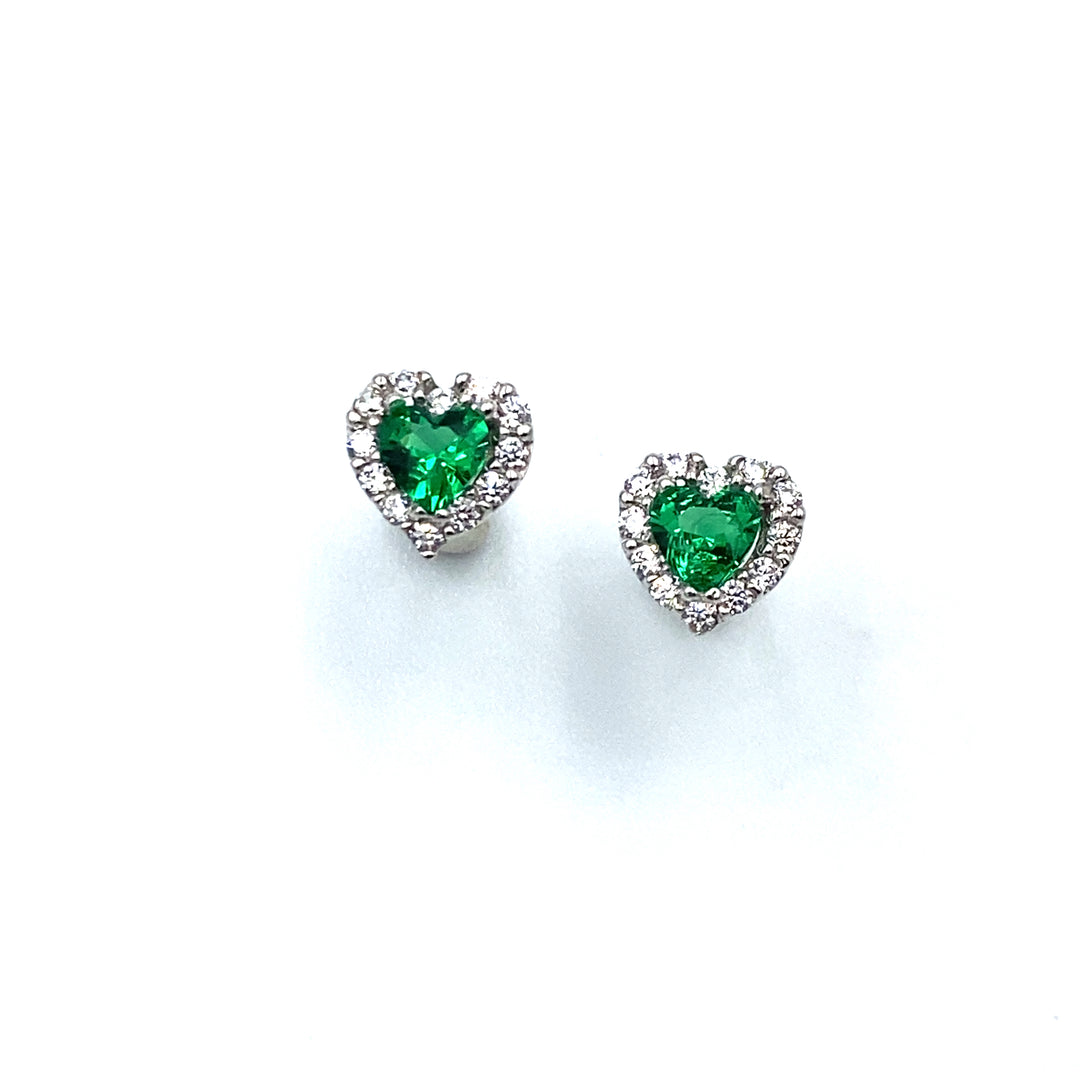 orecchini  a forma di  cuore in oro bianco  e zirconi  bianchi  e verdi  siciliano  gioielli 