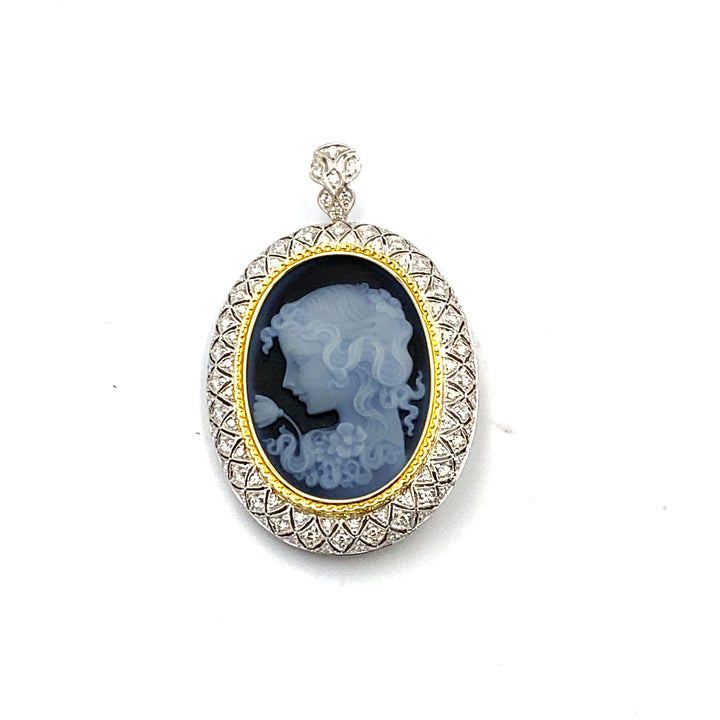 Blue Agate Cameo Brooch Pendant