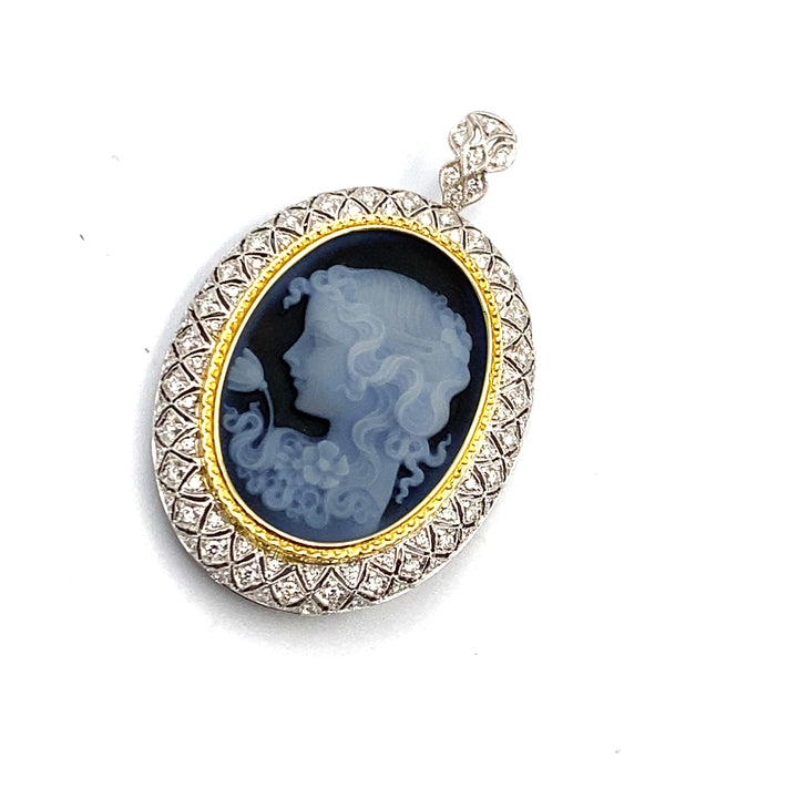 Blue Agate Cameo Brooch Pendant