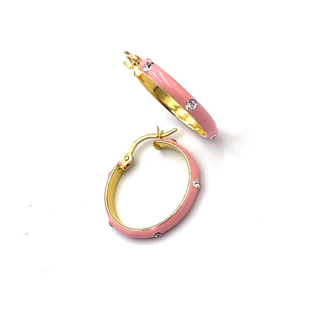 orecchini oro giallo smaltati di rosa con zirconi bianchi siciliano gioielli