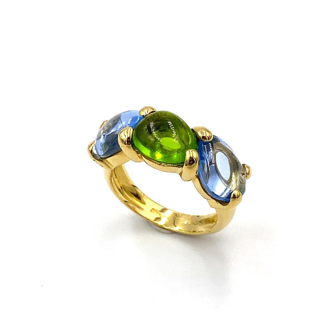 anello oro giallo con tormalina verde e topazi azzurri siciliano gioielli