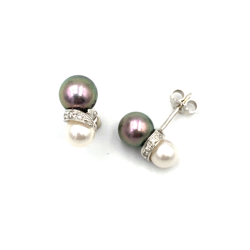 orecchini miluna in oro bianco  con diamanti  e perle bianche e grigie - siciliano gioielli 