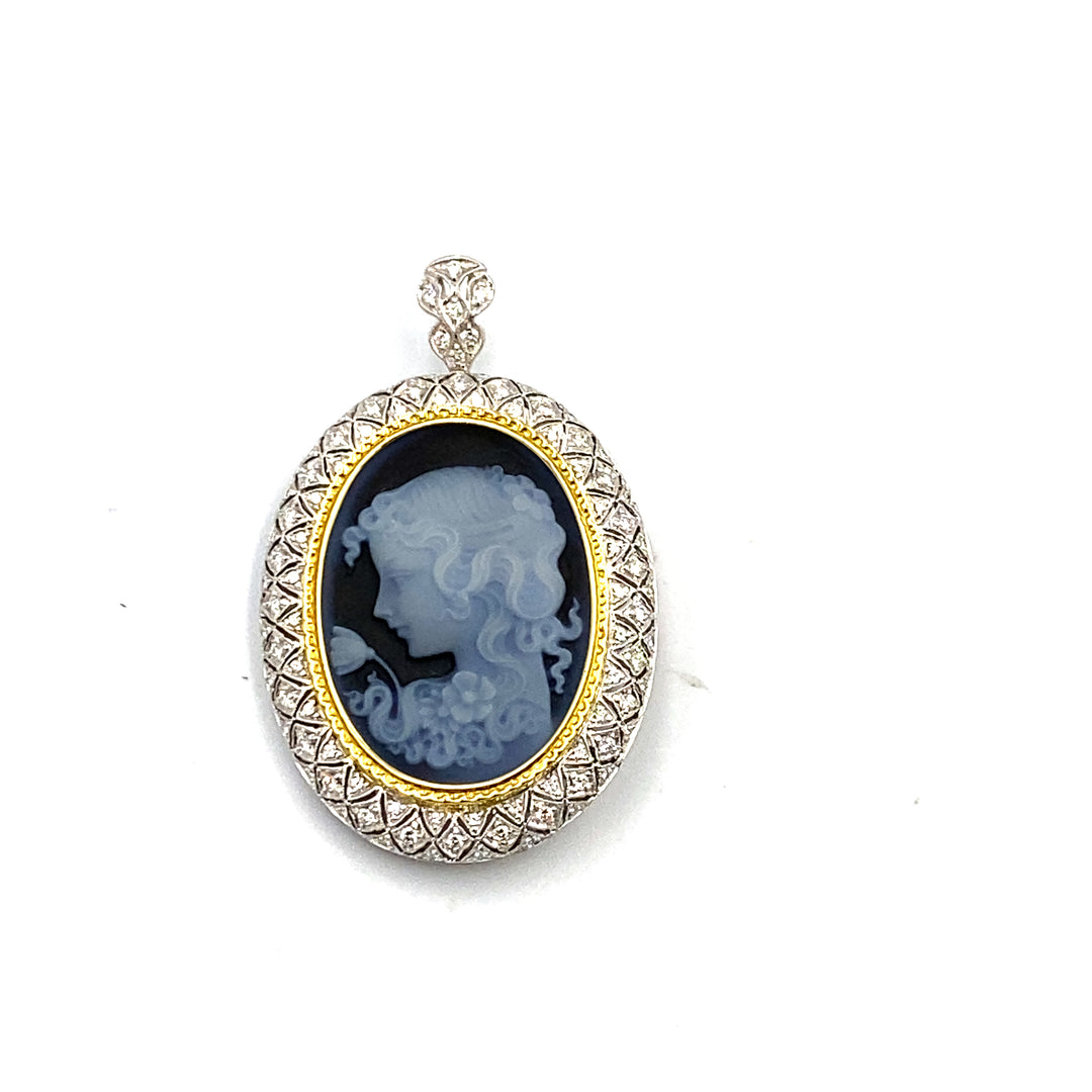 Blue Agate Cameo Brooch Pendant