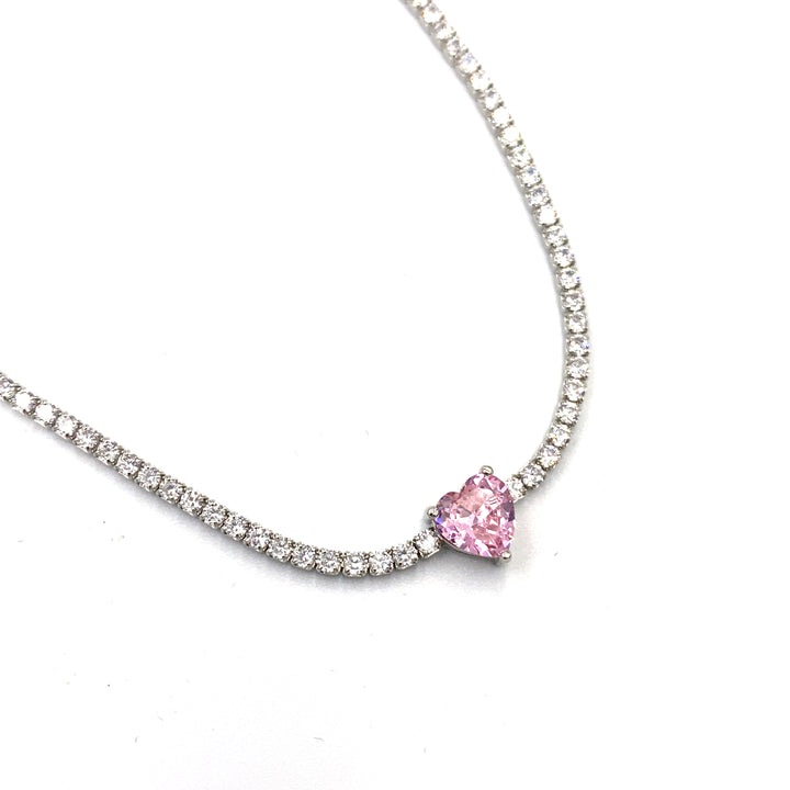 Collana Tennis in Argento con zirconi bianchi e centrale cuore zircone rosa siciliano gioielli