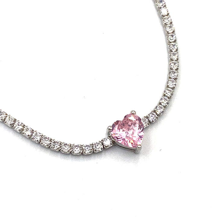 Collana Tennis in Argento con zirconi bianchi e centrale cuore zircone rosa siciliano gioielli