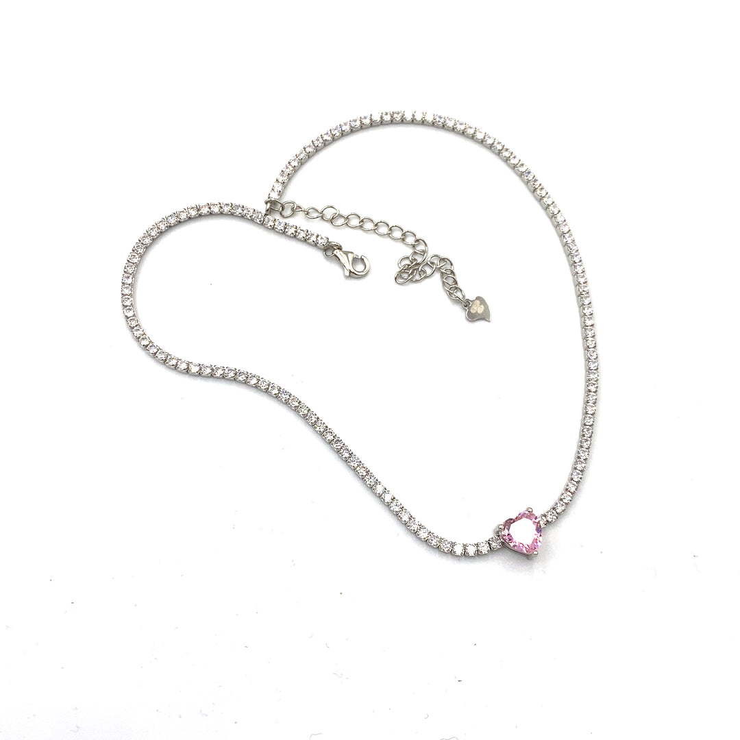 Collana Tennis in Argento con zirconi bianchi e centrale cuore zircone rosa siciliano gioielli 