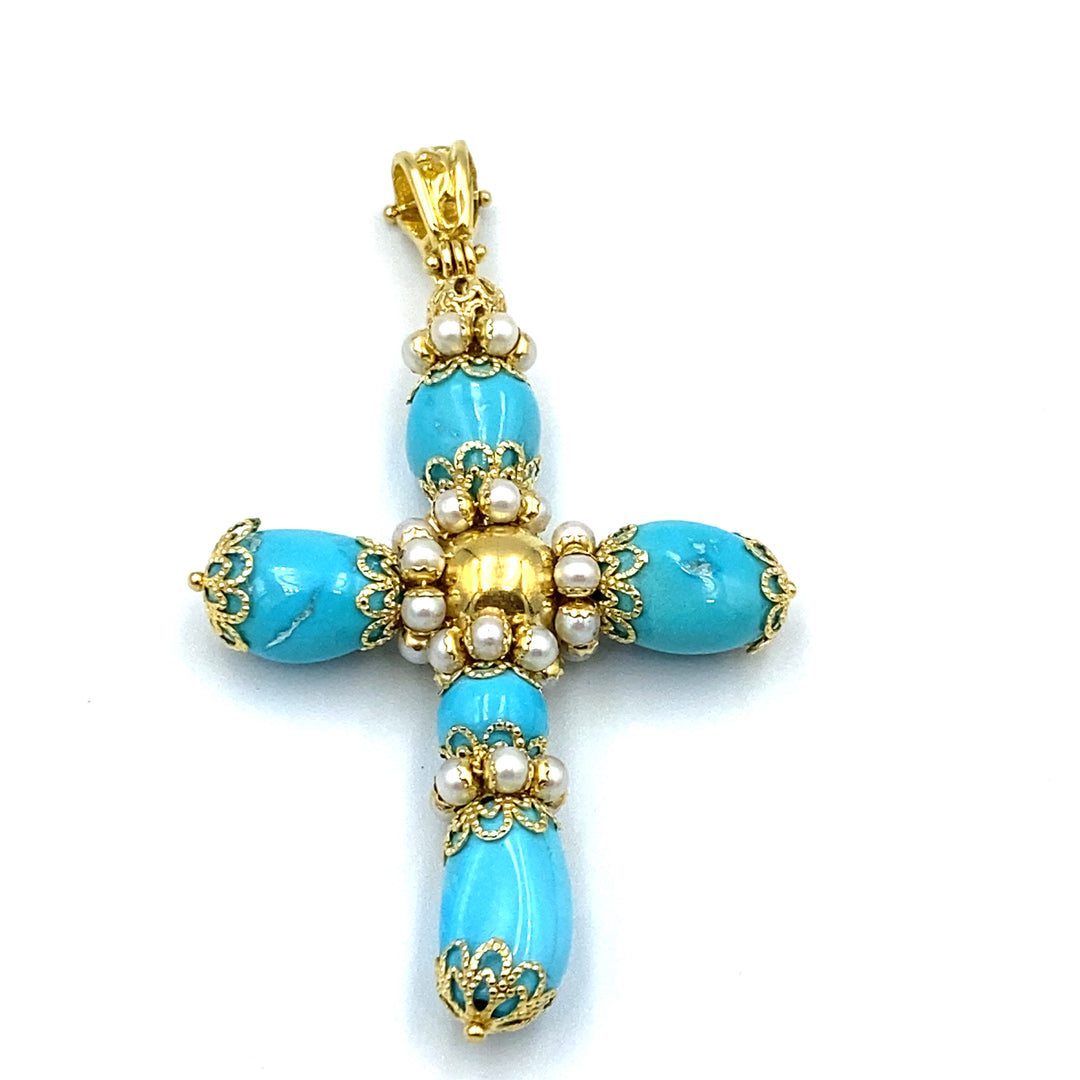 pendente croce in oro con turchesi  e microperle siciliano  gioielli 