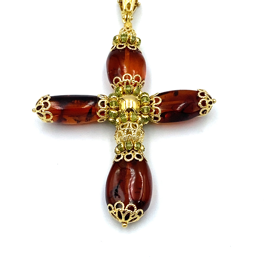 pendente croce ambra e oro giallo  con tormaline siciliano  gioielli 