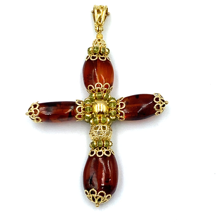 pendente a forma di  croce con tormaline oro giallo  e ambra siciliano  gioielli 