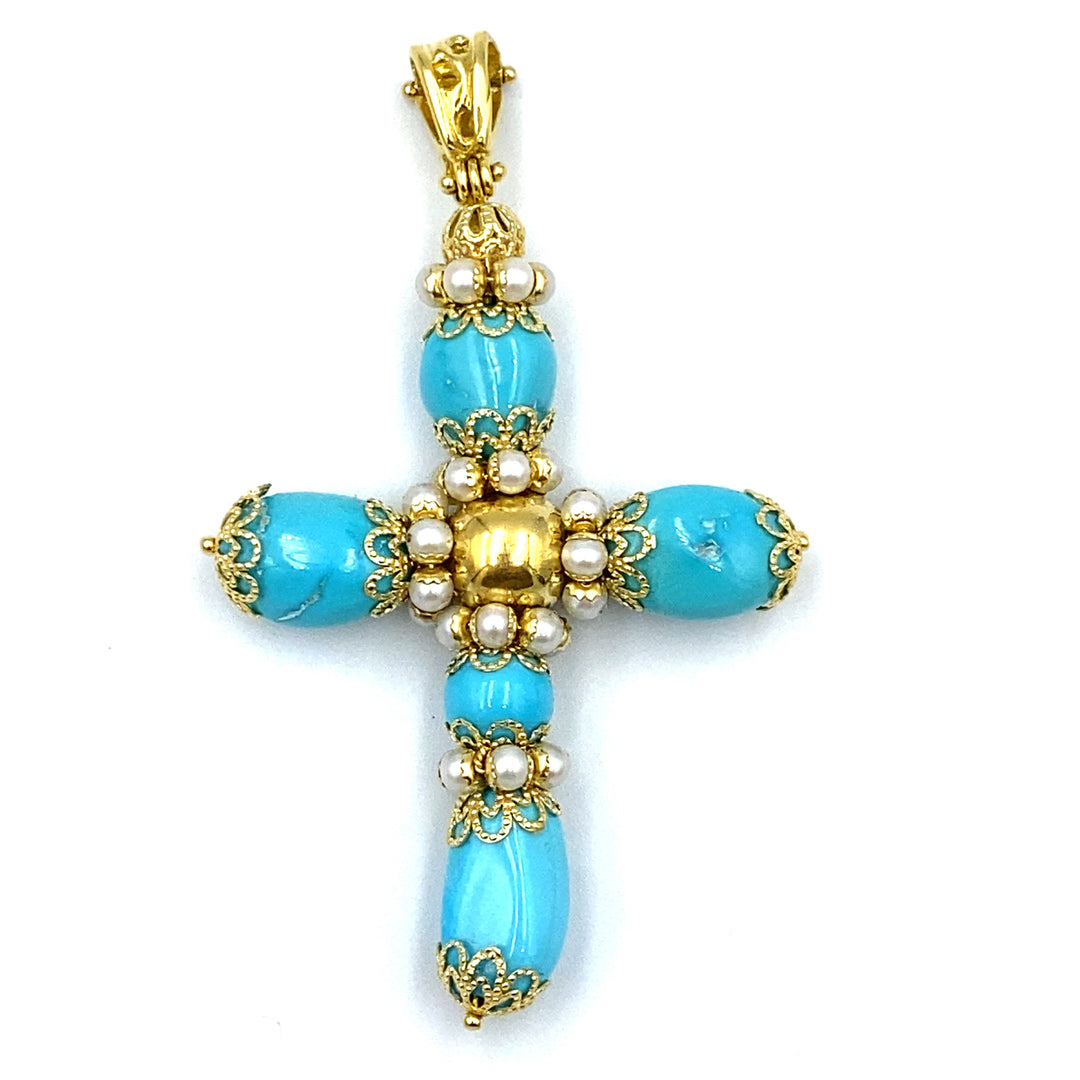 pendente da donna croce in oro giallo  con turchesi  e microperle siciliano  gioielli 