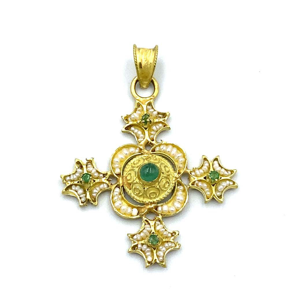 pendente croce in oro maison siciliano  con microperle e smeraldi - siciliano gioielli 