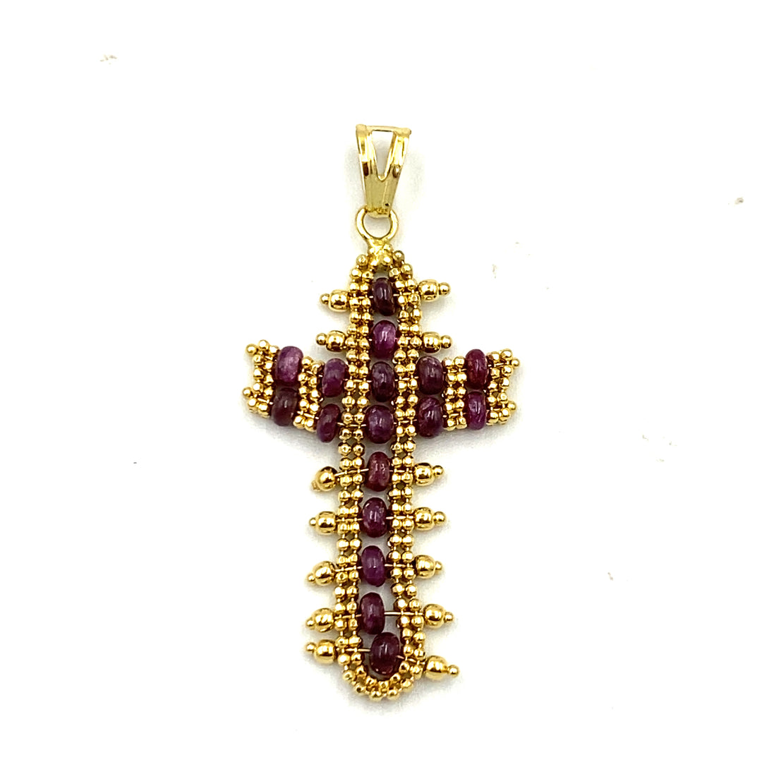 pendente croce in oro giallo  con granati  siciliano gioielli 