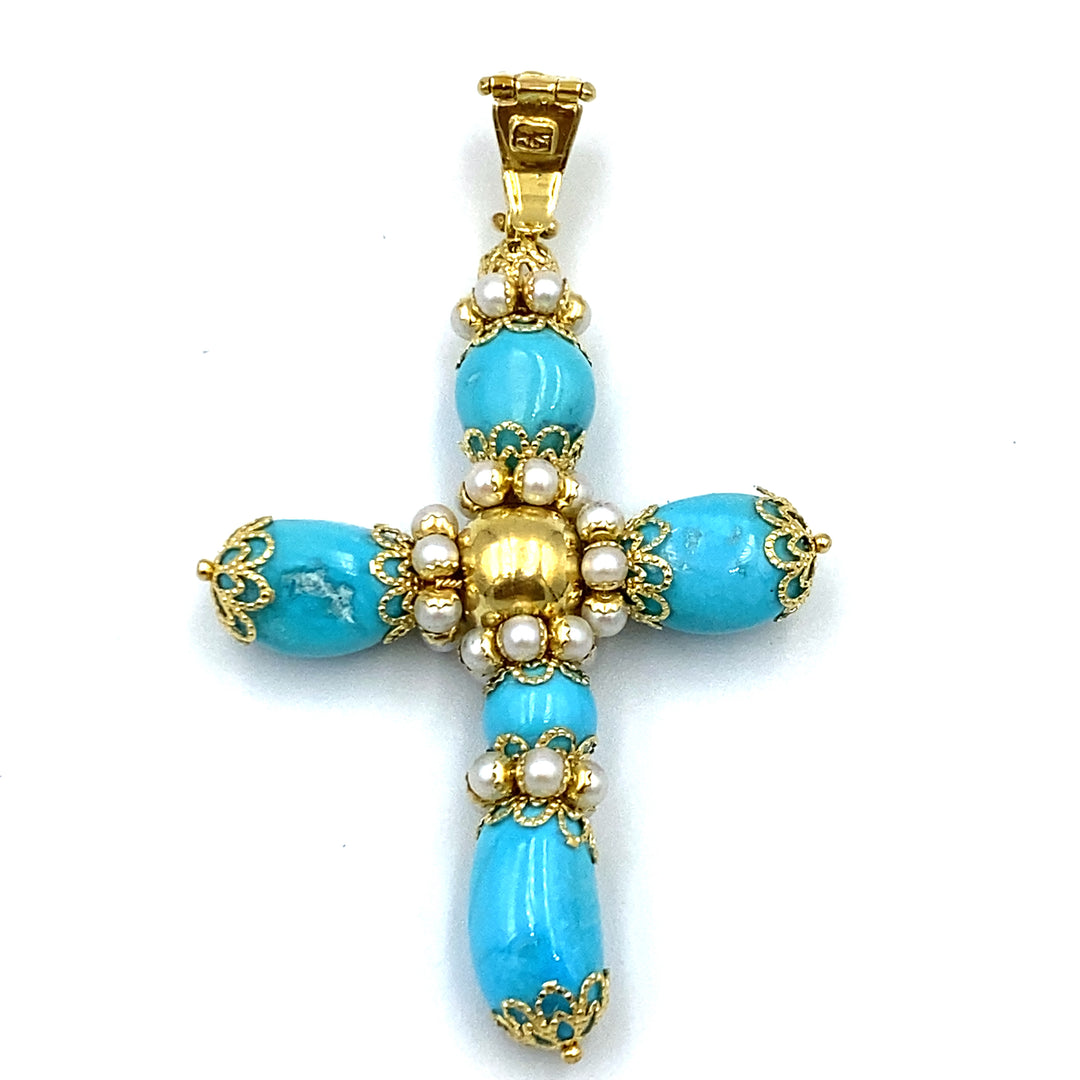 pendente croce oro turchesi  e microperle siciliano  gioielli 
