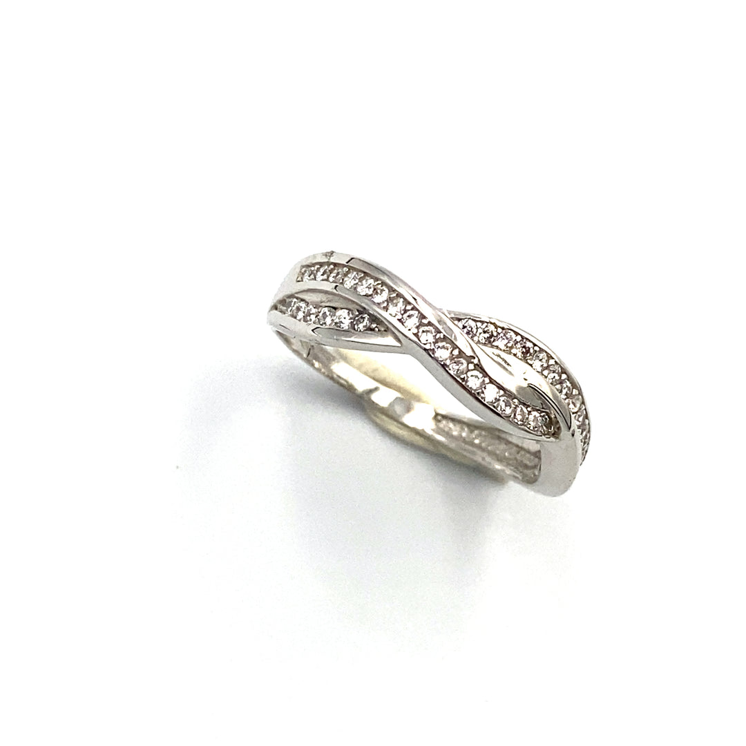 anello siciliano gioielli in oro bianco veretta ad incrocio con zirconi bianchi - siciliano gioielli
