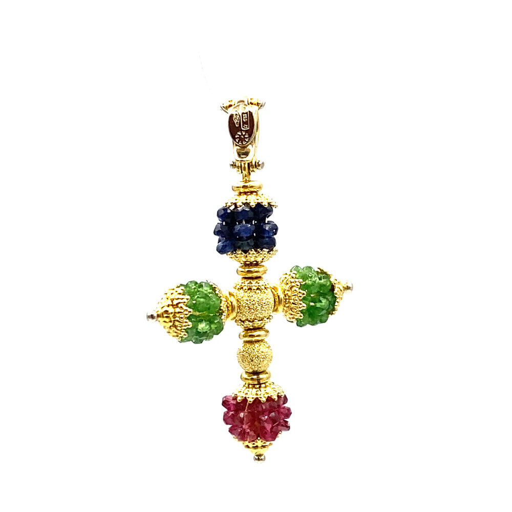 sun day  pendente croce in oro con zaffiri smeraldi  erubini - siciliano  gioielli 