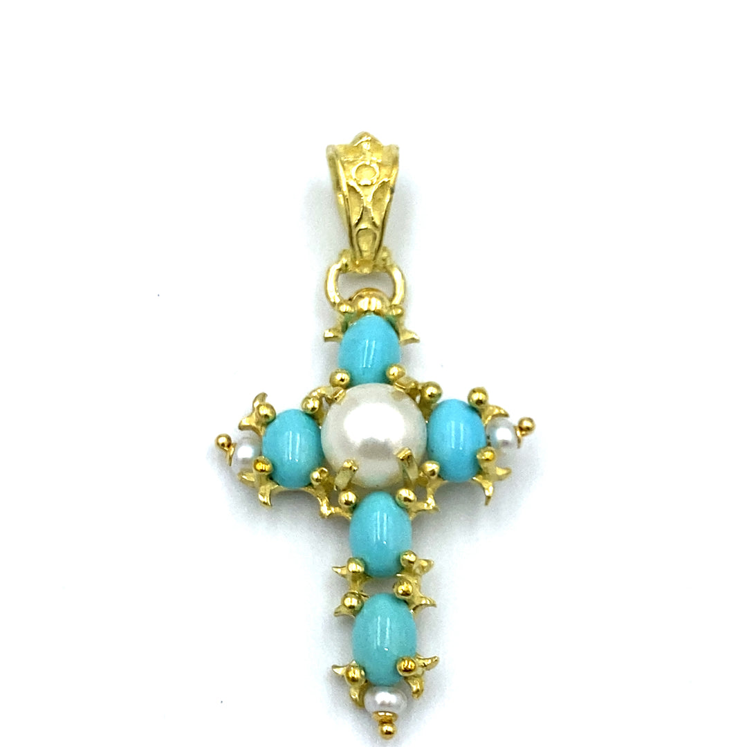 pendente croce oro con perla microperle e turchesi siciliano gioielli 