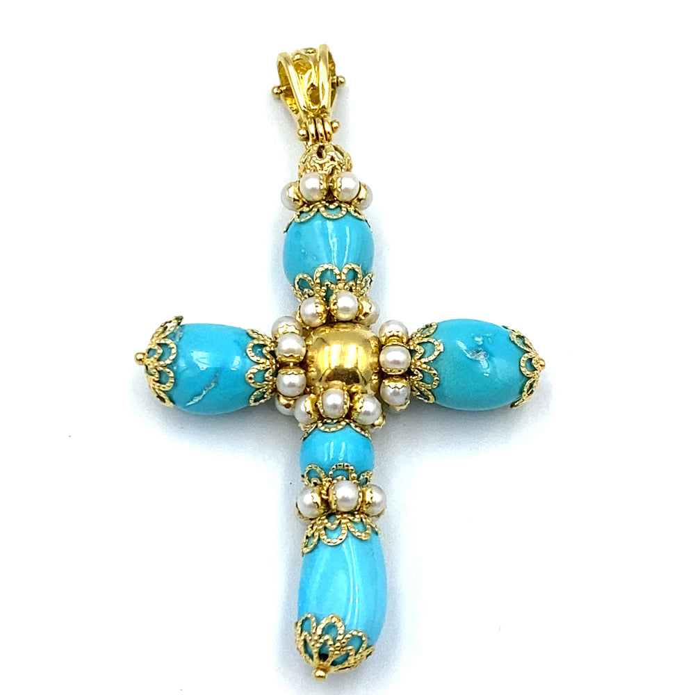 pendente croce in oro turchesi  e microperle  siciliano  gioielli 