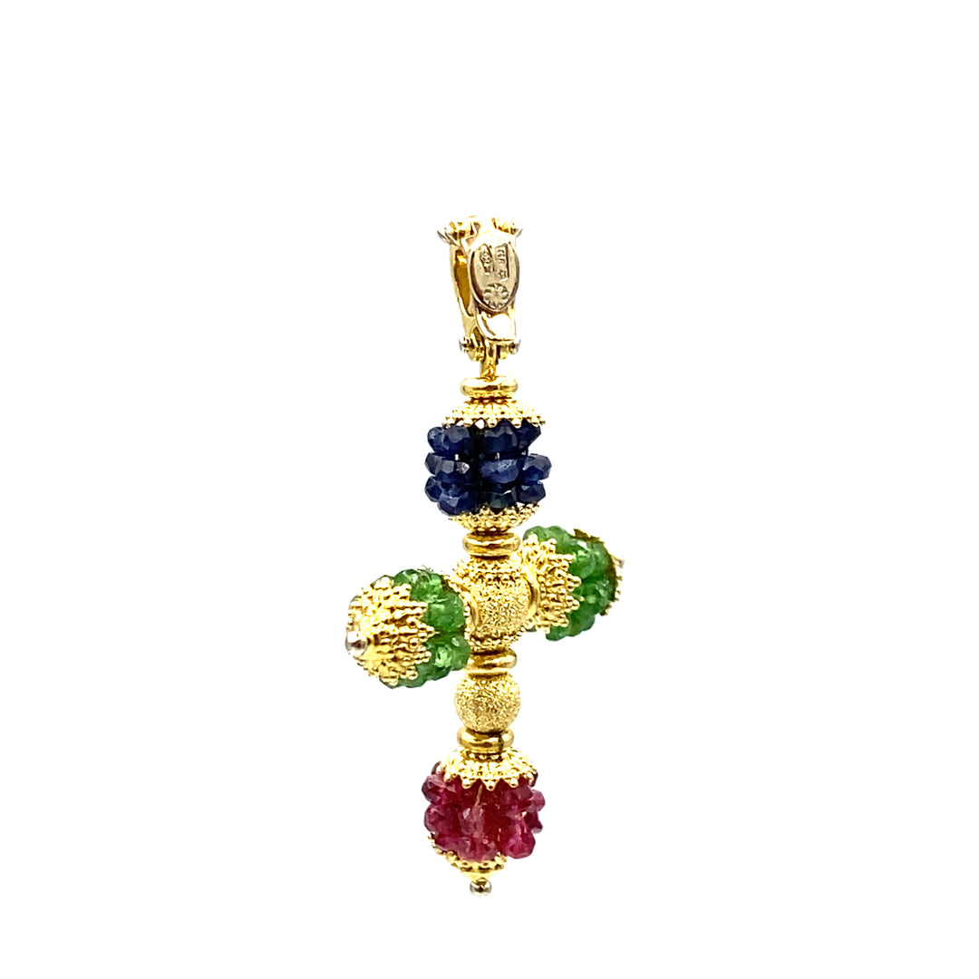 pendente croce sun day con smeraldi  rubini  e zaffiri in oro giallo - siciliano  gioielli 